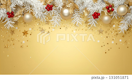 クリスマス背景　ゴールドのバックグラウンドと白い枝のオーナメント　冬のホリデーイメージ 131051871