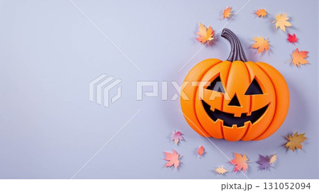 ハッピーハロウィンのメッセージ、パステル紙の背景にカボチャ 131052094