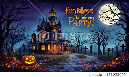 ハッピーハロウィンパーティーのポスターセット。古い屋敷、墓地、キャンディー、そして恐ろしいカボチャを 131052095