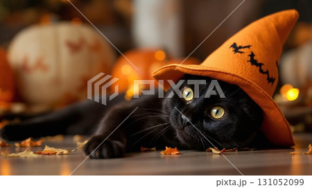 ハロウィーンの帽子をかぶって床に横たわる黒猫 131052099