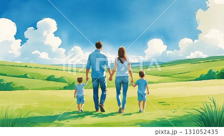 外を歩く4人家族の後姿のイラスト。 131052435