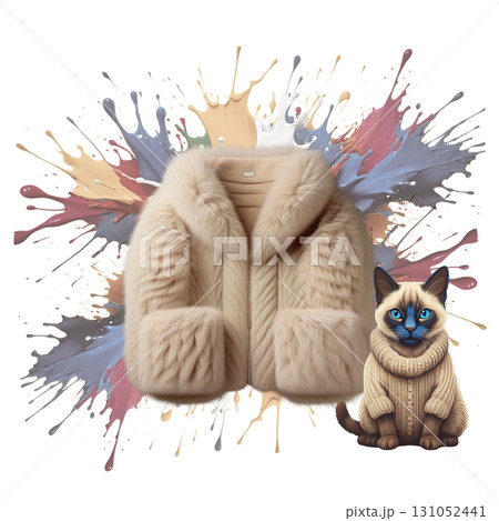 ふわふわのファーコートとシャム猫ちゃんキャラクター　バックにはペイントぶっかけ広告グッズなどに 131052441