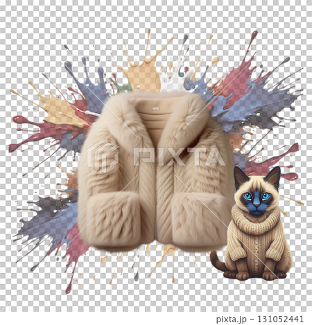 ふわふわのファーコートとシャム猫ちゃんキャラクター　バックにはペイントぶっかけ広告グッズなどに 131052441