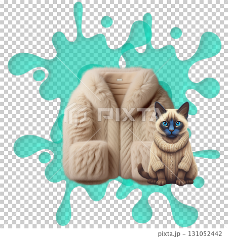 ふわふわのファーコートとシャム猫ちゃんのキャラクター　広告グッズなどに 131052442