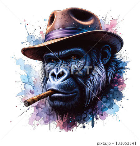 A gorilla wearing a hat and smoking a cigar, with a watercolor splash background. Animals. 131052541