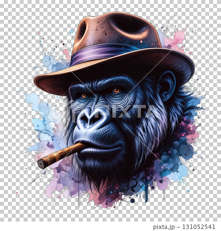 A gorilla wearing a hat and smoking a cigar, with a watercolor splash background. Animals. A gorilla wearing a hat and smoking a cigar, with a watercolor splash background. Animals. 131052541