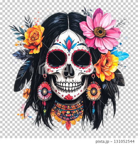 A skull with a Native American aesthetic, adorned with flowers and intricate details. A skull with a Native American aesthetic, adorned with flowers and intricate details. 131052544