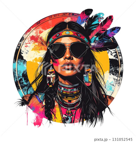 A portrait of a Native American woman and sunglasses in vibrant traditional attire. 131052545