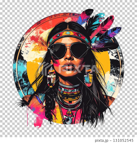 A portrait of a Native American woman and sunglasses in vibrant traditional attire. 131052545