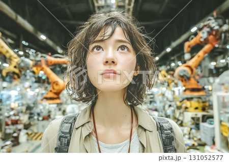 美優シリーズ：工場DX 美優が未来型工場で自動生産ラインを操作するシーン 131052577