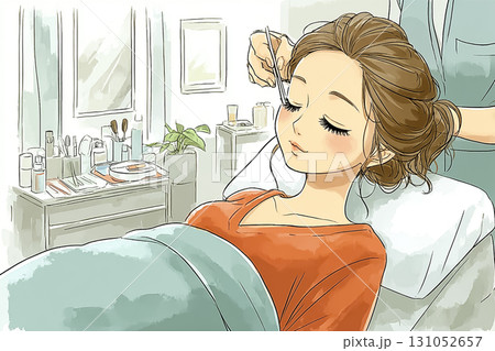 美優シリーズ：まつげエクステ施術を受ける女性の美容イラスト素材 131052657