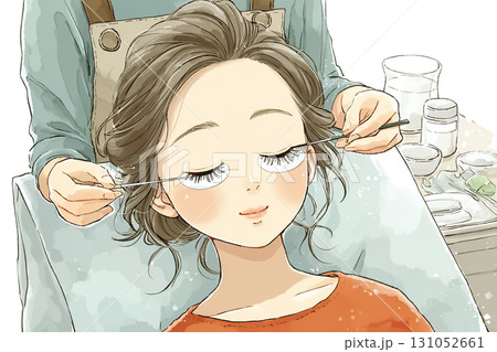 美優シリーズ：まつげエクステ施術を受ける女性の美容イラスト素材 131052661