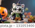 Cute little cat crochet doll wearing colorful witch costume. 131053400