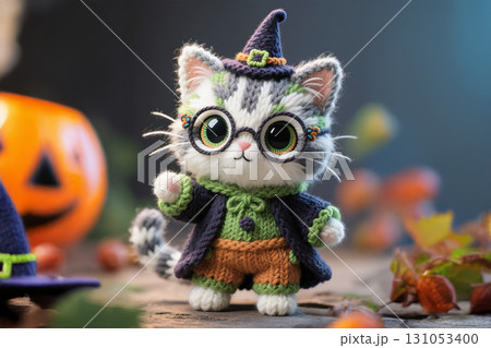 Cute little cat crochet doll wearing colorful witch costume. 131053400