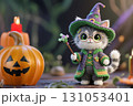 Cute little cat crochet doll wearing colorful witch costume with pumpkin head. 131053401