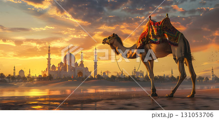 Eid ul-Adha Greetings: Camel and Mosque, Eid ul-Adha Celebration: Camel Against Mosque Backdrop - Ai Generated 131053706