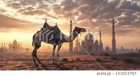 Eid ul-Adha Greetings: Camel and Mosque, Eid ul-Adha Celebration: Camel Against Mosque Backdrop - Ai Generated 131053707