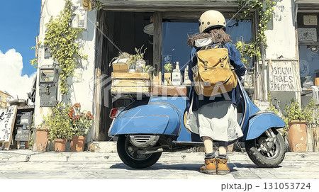 スクーターで買い物に来た女性 スクーターで買い物に来た女性 131053724