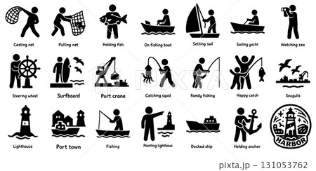 漁業と港まわりのシルエットアイコン集、Fishing and Harbor Silhouette 131053762