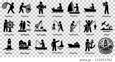 漁業と港まわりのシルエットアイコン集、Fishing and Harbor Silhouette 131053762