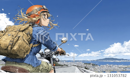 大型クルーザーバイクで海を見に来た女性のイラスト素材 大型クルーザーバイクで海を見に来た女性のイラスト素材 131053782