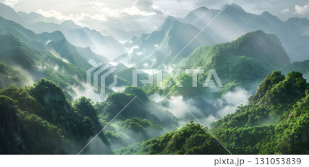 Panoramic view of misty mountains and lush green valleys - Ai Generated Panoramic view of misty mountains and lush green valleys - Ai Generated 131053839