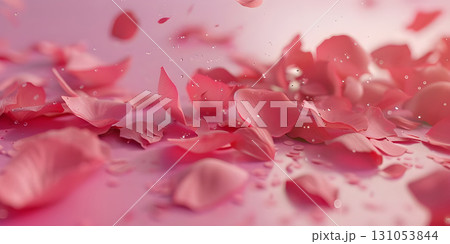 Scattered pink rose petals on a soft solid background - Ai Generated 131053844