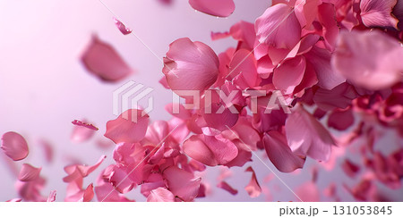 Scattered pink rose petals on a soft solid background - Ai Generated 131053845