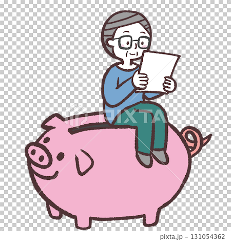 Illustration of a senior man sitting on a piggy bank and checking paper Illustration of a senior man sitting on a piggy bank and checking paper 131054362