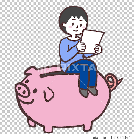 一名男子坐在存錢筒上，看著一張紙的插圖 131054364
