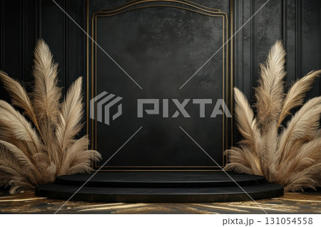 Elegant black backdrop with pampas grass indoor stage setup modern aesthetic artistic viewpoint 131054558