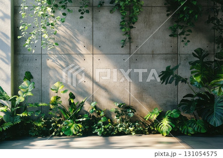 Modern indoor garden nature photography of green plants and concrete walls 131054575
