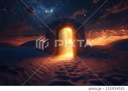 Mysterious portal reveals sunrise in desert landscape surreal scene night view fantasy concept 131054581