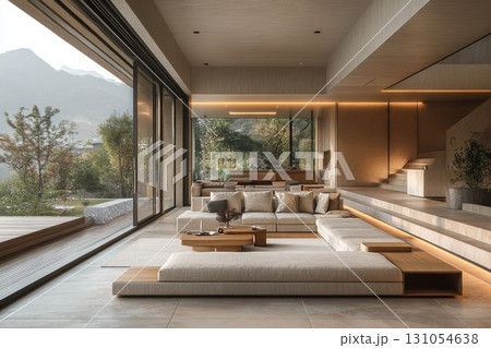 Minimalist modern living room with mountain view bright clean lines in interior design 131054638