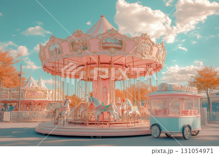 Vintage carousel ride in amusement park dreamy atmosphere colorful scene Vintage carousel ride in amusement park dreamy atmosphere colorful scene 131054971