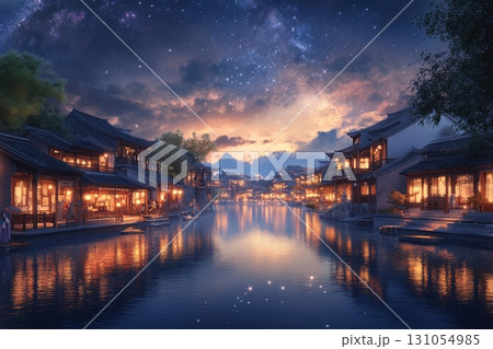 Digital artwork of serene reflections on a tranquil waterway at nightfall beauty 131054985