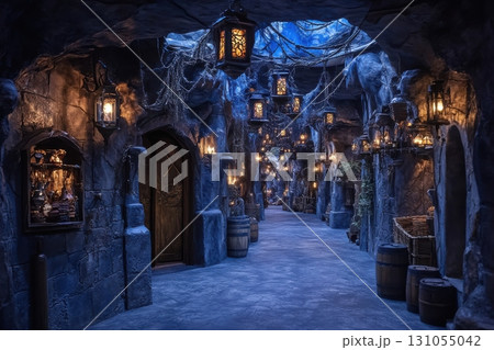Mystical cavern enchanting lantern-lit pathway in a dark fantasy exploration Mystical cavern enchanting lantern-lit pathway in a dark fantasy exploration 131055042