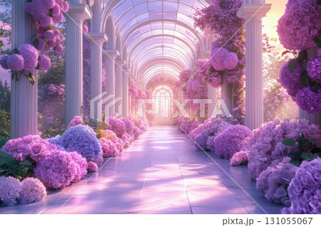 Serene floral pathway enchanted garden photo vibrant setting dreamy view nature's beauty 131055067