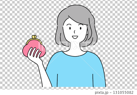 Simple line drawing vector illustration of a smiling woman holding a clasp purse 131055082