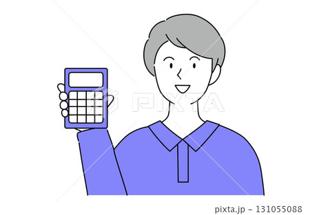 シンプルな電卓を持つ笑顔の若い男性の線画ベクターイラスト 131055088