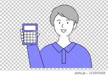 シンプルな電卓を持つ笑顔の若い男性の線画ベクターイラスト 131055088