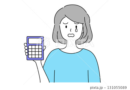 泣きながら電卓を持つ若い女性のシンプルな線画ベクターイラスト 131055089