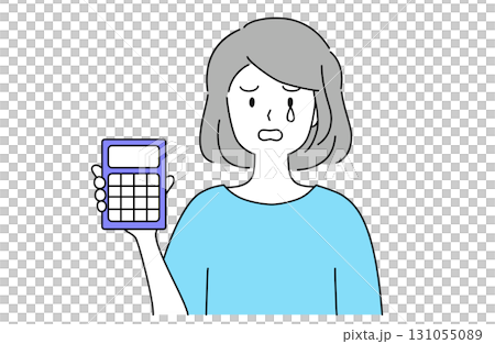 泣きながら電卓を持つ若い女性のシンプルな線画ベクターイラスト 131055089
