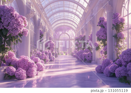 Serene floral exhibition garden hall digital art pastel environment wide angle tranquility 131055119