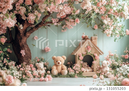 Floral paradise photography close-up of innocent teddy bears in a whimsical setting 131055203