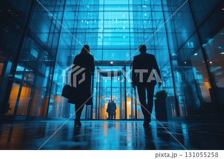 Business professionals entering modern office building urban cityscape silhouette shot 131055258