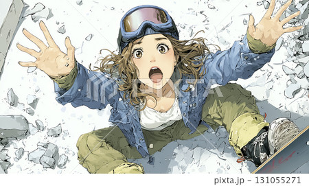 爽快にパウダースノーを滑走する女性スノーボーダーのイラスト 131055271