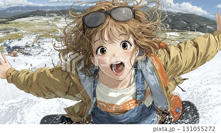 爽快にパウダースノーを滑走する女性スノーボーダーのイラスト 131055272