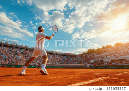 Dynamic tennis action on clay court exciting match in outdoor stadium 131055357
