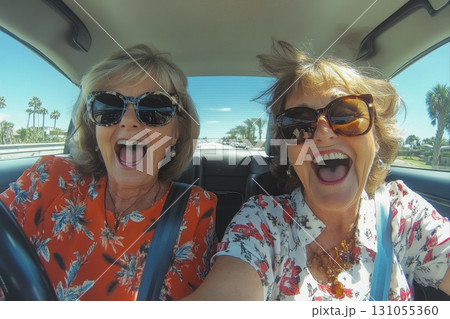 Joyful road trip adventure coastal highway lifestyle content sunny environment two friends fun concept Joyful road trip adventure coastal highway lifestyle content sunny environment two friends fun concept 131055360